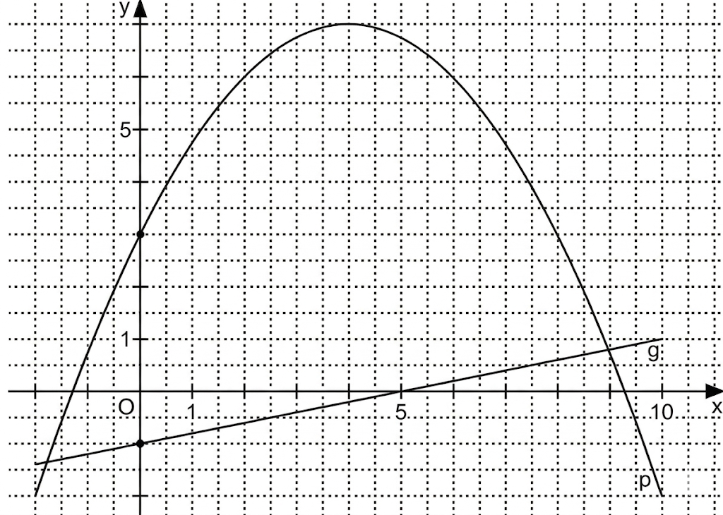 Koordinatensystem mit Gitternetz, x- und y-Achse, nach unten geöffnete Parabel, ansteigende Gerade und markierte Punkte.